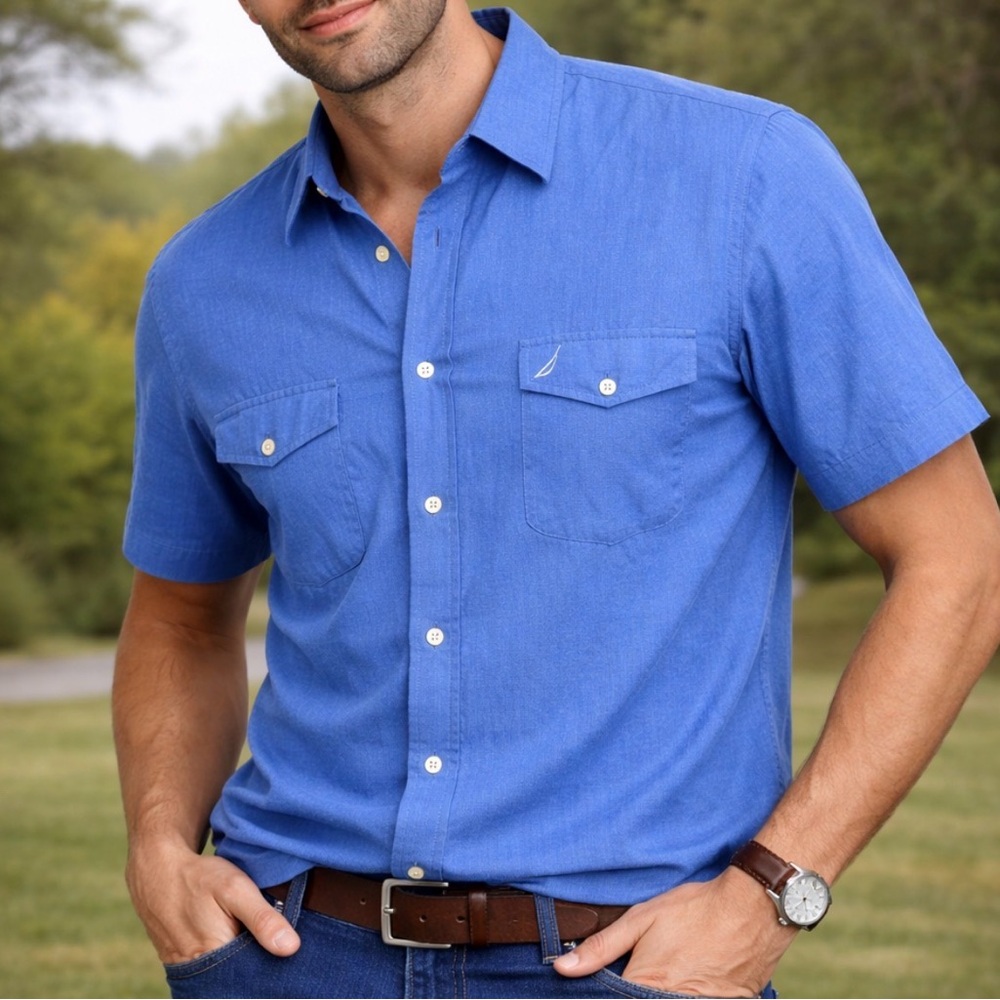 -Nautica "Linen Blend" Casual Button-Down Blue Shirt Men's Size XL